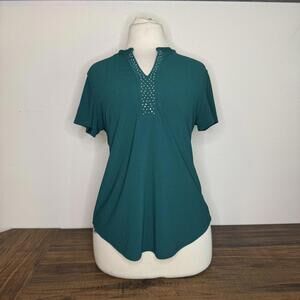 Diana Belle Teal Short Sleeve Top with Studded V-Neck Size S